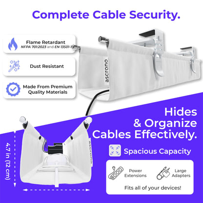 Ascrono Original No Drill Under Desk Cable Management Tray 27.3" - Premium White Fabric Cable Management Under Desk - Clamp/Screw Mount Cord Organizer - Supports Upto 66lbs