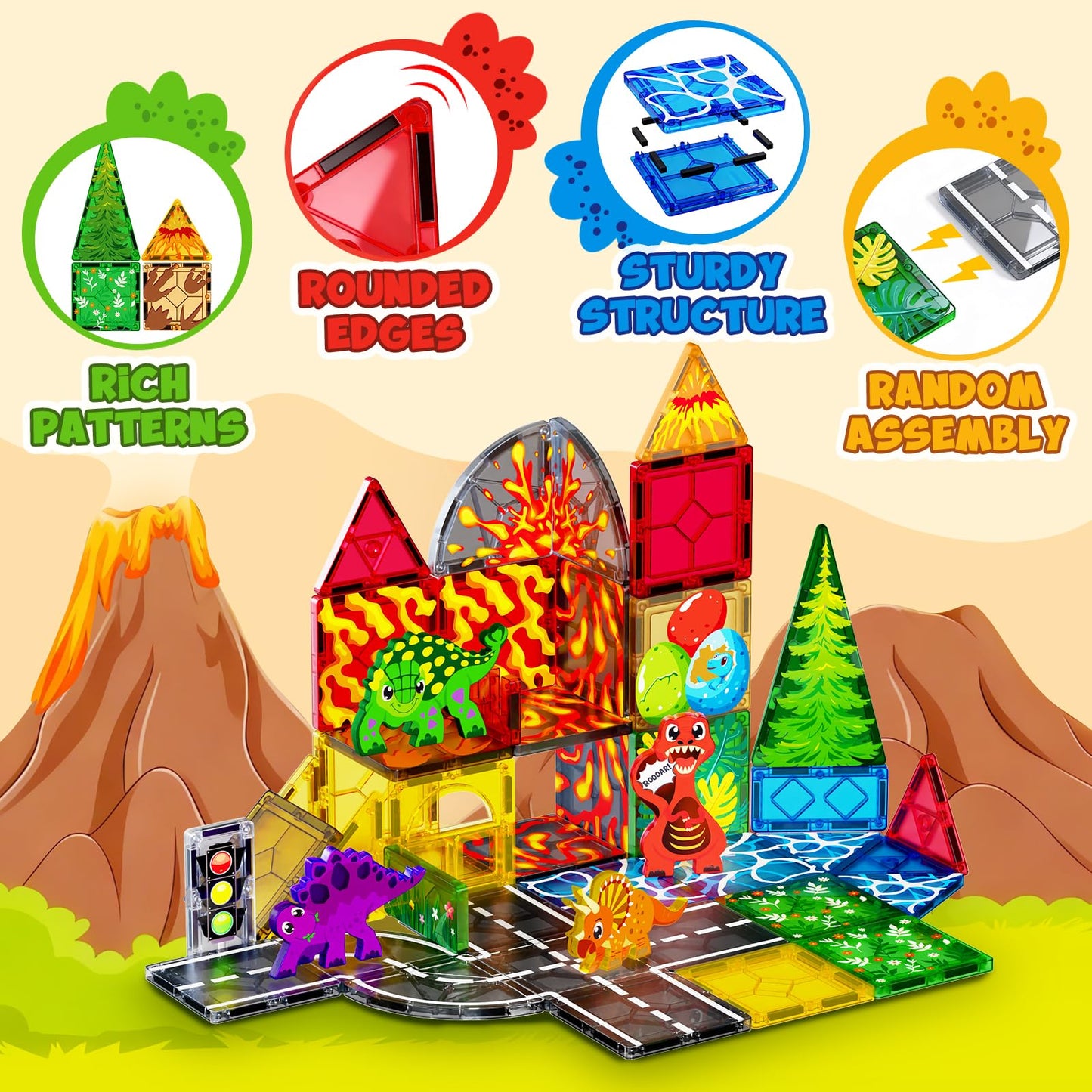 Magnetic Tiles with 4 Dinosaur Toys - Jurassic Scenes Dino World Magnet Tiles for Kids, Magnetic Building Blocks Set for Boys Girls Ages 3+, Sensory Toddler Creative Games Birthdays Gifts