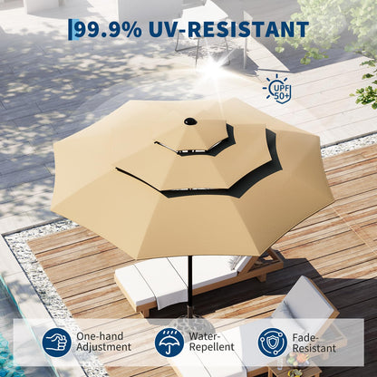 Garvee 10Ft 3-Tier Patio Umbrella, Outdoor Table Umbrella with Vents, Easy Crank and Push Button Tilt, Market Umbrella with 8 Sturdy Ribs for Pool, Deck, Yard, Garden -Tan