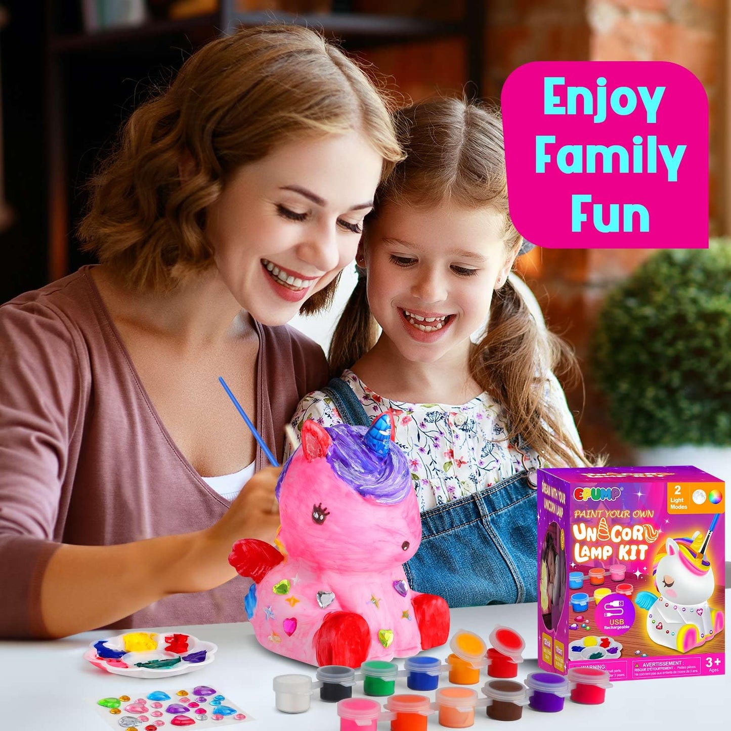EPUMP Paint Your Own Unicorn Lamp Kit - Rechargeable 1200mAh Night Light with 2 Light Modes, Arts and Crafts Painting Toys for Girls Boys, Art Supplies Birthday Gifts for Kids Ages 3-12+