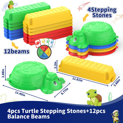 16 Pcs Balance Beam and Stepping Stones for Kids - 4 Turtle Shape Stepping Stones and 12 Connectable Beams with Sound Feature,Color Spinner, Riddle Cards, Fun Balance Training and Obstacle Course
