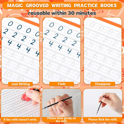 gisgfim 8 Pack Magic Grooved Writing Practice Books for Kids Reusable Magical Handwriting Workbooks with Disappearing Ink Pens Letter,Numbers,Math Tracing Copybook for Kindergarten Preschool Age 3-8