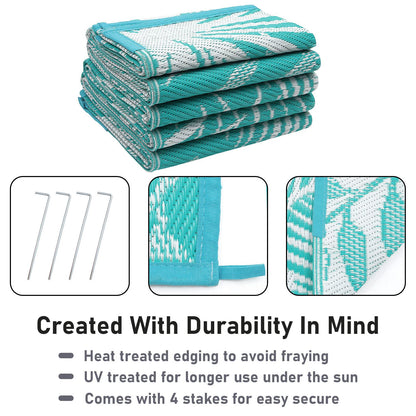 HiiARug Outdoor Rug for Patios Clearance, 6x9 Waterproof RV Rugs for Outside, Reversible Plastic Straw Mat Large Quick Drying Outdoor Rugs for Deck Trailers Campers Porch Beach Backyard,Teal & White