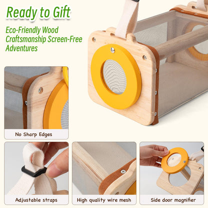 Wooden Bug Catcher Kit for Kids 3-8, 10PCS Outdoor Explorer Set with Bug House, Butterfly Net, Magnifier & Tools, Catch & Release STEM Nature Kit, Non-Plastic Educational Gift for Boys & Girls