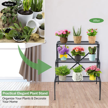 Giantex 3 Tier Metal Plant Stand, Black Corner Plant Stand Indoor w/ Widened Grid Shelf & Non-Slip Foot Pads, Display Rack Holder for Outdoor Porch Garden Patio Balcony