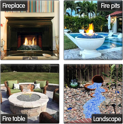 Grisun 10 Pound Fire Glass for Fire Pit - 1/2 inch Reflective Fire Glass Rocks, Decorative for Fireplace and Fire Table, Blend of Cobalt Blue, Caribbean Blue and Platinum