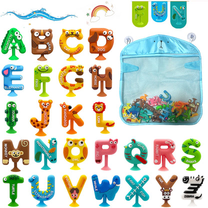 Mold Free Suction Bath Toys for Kids 26PCS, Bathtub Silicone ABC Alphabet Educational Montessori Sensory Toys for Baby/Toddlers, No Hole Animal & Letters Learning Toy with Storage Net for Autism/ADHD