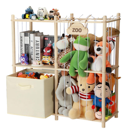 LAMU Stuffed Animal Storage and Kids Bookshelf, Wooden Toy Organizer with Large Toy Box Chest, Kids Bin Shelf Toys Box Bookcase, Stuffed Animal Zoo Holder for Bedroom Playroom Nursery