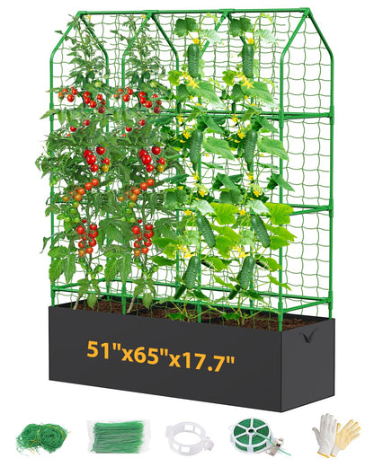 65" Cucumber Planter with Trellis for Climbing Plants Outdoor, Metal Garden Trellis for Raised Bed, Plant Support Structures with Netting for Cucumbers Tomatoes Beans Peas (50 * 17 * 65inch(L*W*H)
