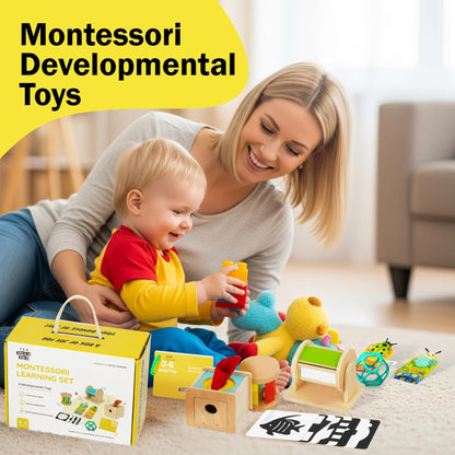 123 BABY BOX Montessori Toys for Babies 0-6 Months - 6-in-1 Educational Sensory Development Kit with Rolling Bell, Magic Tissue Box, Spinning Drum & More