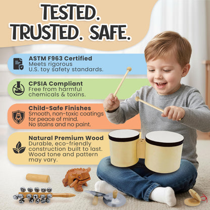 Toddler Drum Set & Musical Instruments for Toddlers – Montessori Wooden Percussion Instrument Set with Bongo Drum, Jingle Bells, Cymbals, Castanet & Guiro | Ages 3+