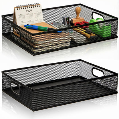 Elsjoy 2 Pack Desk Drawer Organizer Tray, Metal Mesh Desktop Storage Tray Office File Organizer with Handle, Portable Large Storage Basket for Office Supplies, Craft, Magazine, Paper