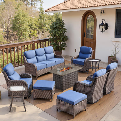 Belord Luxury 6" Thick Cushioned 10 Pieces Patio Furniture Set with Fire Pit Table, Wicker Outdoor Conversation Set with High Back Swivel Rocker Chairs for Deck Porch Yard and Poolside - Brown+Blue