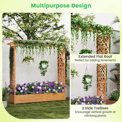 Giantex Raised Garden Bed with Trellis & Hanging Roof, Wood Planter Box with Bottom and Drainage Holes, Freestanding Garden Planter for Flower Vegetable Fruit Herb Climbing Vines, 77"x17"x70"