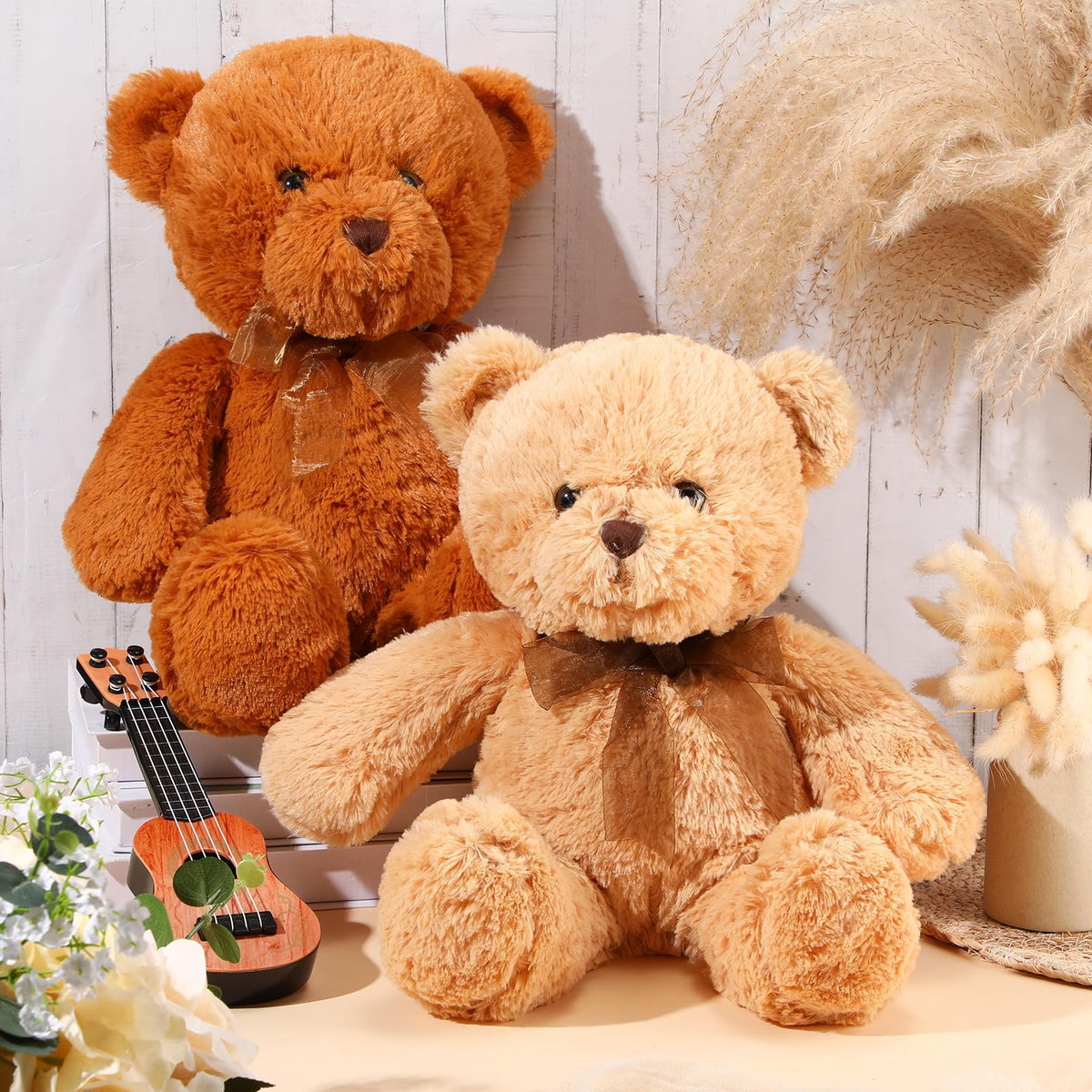 HyDren 2 Pack Bear Stuffed Animals 18 Inch Cuddly Stuffed Bear Plushies with Bow for Birthday Gifts Baby Shower Decors Valentines Party Decors(Light Brown,Brown)