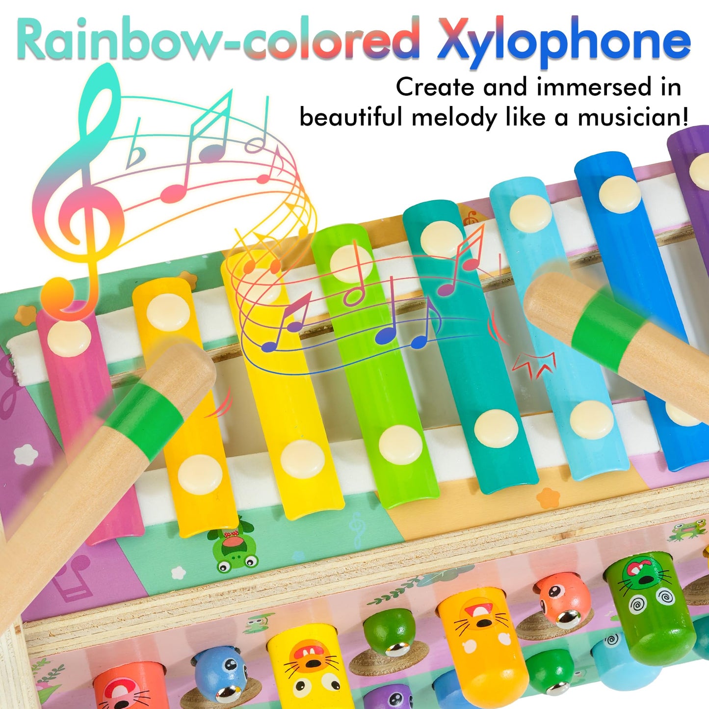 Amtreen 6-in-1 Wooden Montessori Toys for 1 Year Old, Mole-Tapping Game | Play the Xylophone | Frog Clock | Carrot Harvest Game | Spinning Gear, Baby Girls Toy Birthday Gift Early Learning