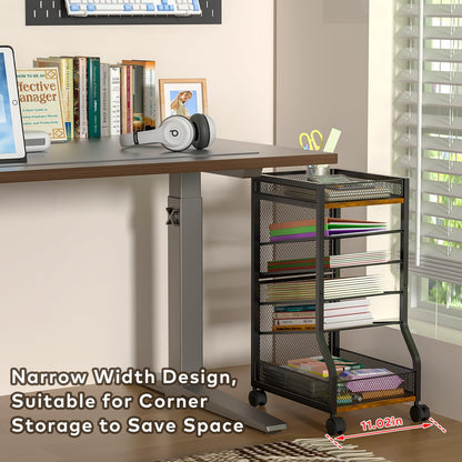 keomaisyto 6-Tier Standing File Organizer for Office Organization, Under Desk File Holder with Sliding Mesh Paper Letter Trays, Slim Rolling File Cart with Wheels for Home/Office/Study