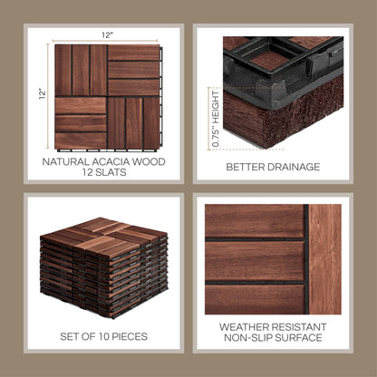 THYOI Premium Deck Tiles, Patio Flooring - Outdoor Waterproof Acacia Wood Tiles for All Weather Use - Balcony, Backyard, Indoor & Outdoor (Square Ft) (10, Dark Brown, 12S)