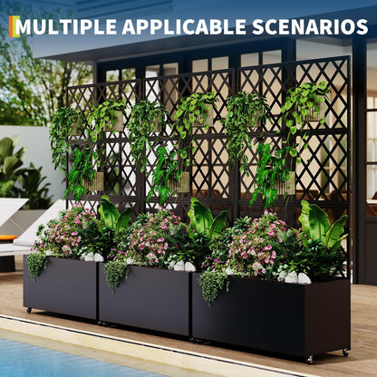 71x35x16 Inch Large Steel Raised Garden Bed, Mobile Planter Box with Trellis and Privacy Screen, Lockable Casters & Drainage Holes, Outdoor Vegetable Garden for Vines Flowers Patio Deck Balcony