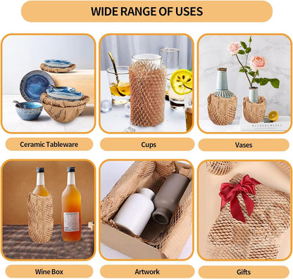 Honeycomb Packing Paper, HONSREO 15in x 300ft Eco Friendly Recyclable Cushioning Material, Bubble Wrap for Moving Shipping Breakable Supplies with 20 Fragile Sticker Lables (Brown)