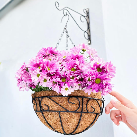 LaLaGreen Hanging Planter for Outdoor Plants (12 Inch, 6 Pack) Hanging Baskets with Coco Liner, Black Metal Wire Flower Basket Pots with Hook Hanger Balcony Porch Farmhouse Country Style Garden Decor