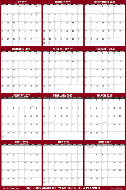 24" x 36" SwiftGlimpse 2026-2027 Academic Wall Calendar, Erasable, Large, Wet & Dry Erase Laminated, Reversible, Yearly Planner, JULY 2026 to JUNE 2027 ONLY, Maroon