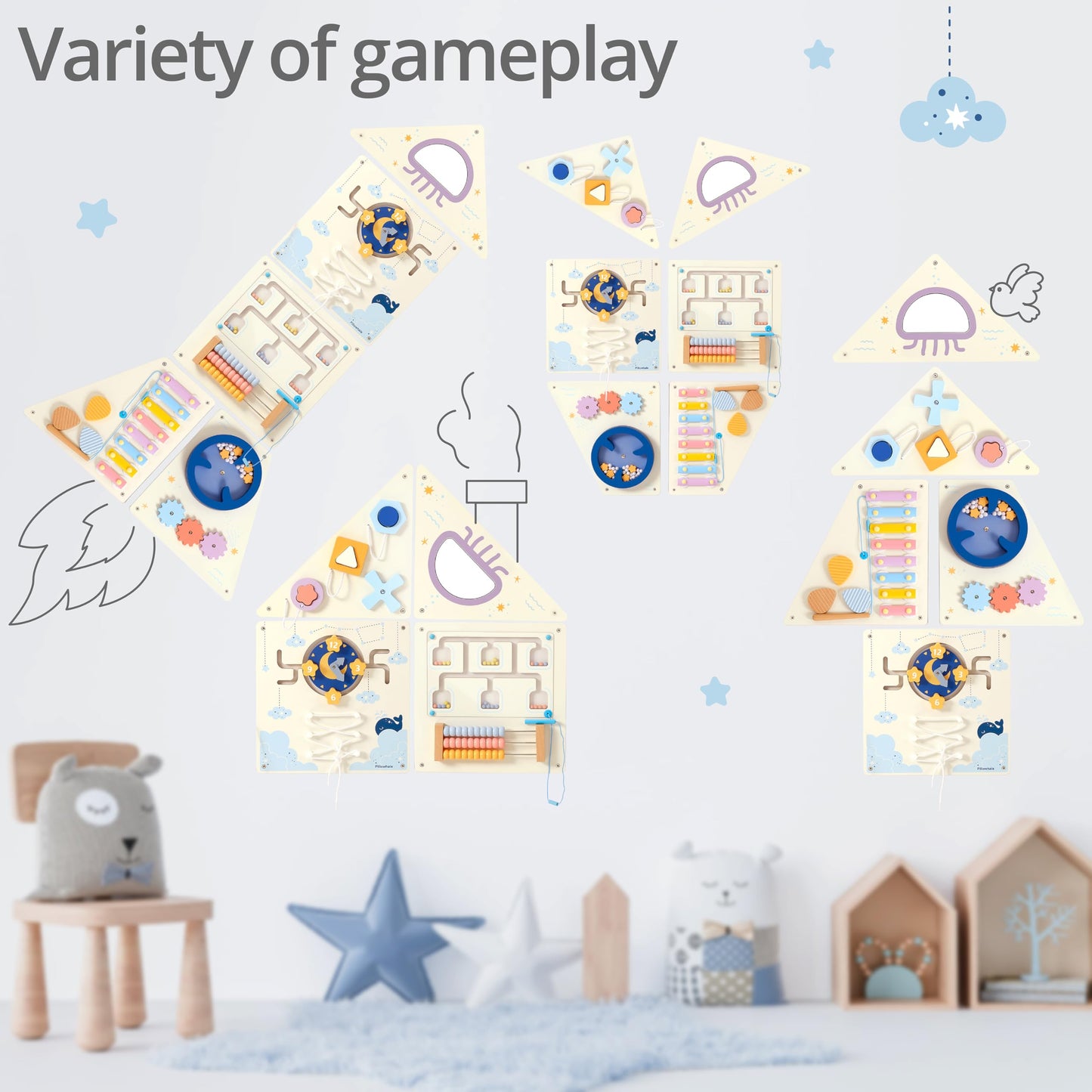 Pillowhale Tangram Activity Wall Busy Board Panels, 12-in-1 Learning Activity Center, Wooden Montessori Sensory Toys for Toddler Playroom, Nursery, Daycare, Classroom, Dentist Waiting Room