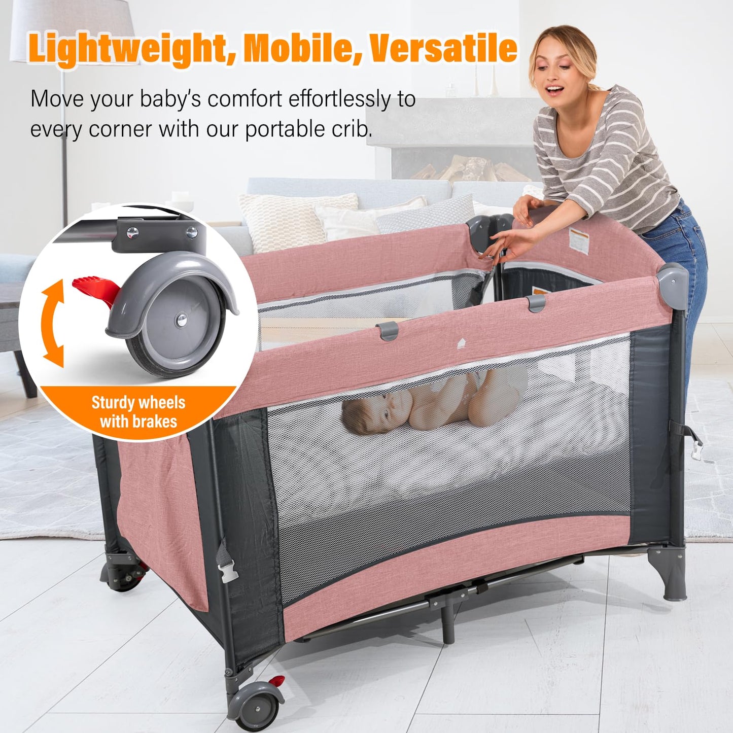 Soobaby 5 in 1 Baby Crib,Baby Bassinet, Bedside Cribs, Pack and Play with Changing Table, Portable Travel bedToys & Music Box,Mattress for Girl Boy Infant Newborn (Pink)