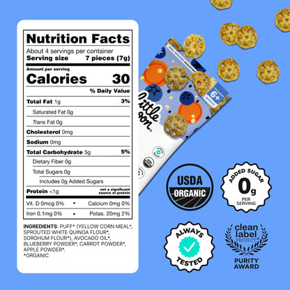 Little Spoon Blueberry Carrot Meltable Baby Wheels, Organic Corn, Quinoa & Sorghum, No Added Sugar Snacks, Encourages Self-Feeding, 1 Oz Bag, 4 Pack