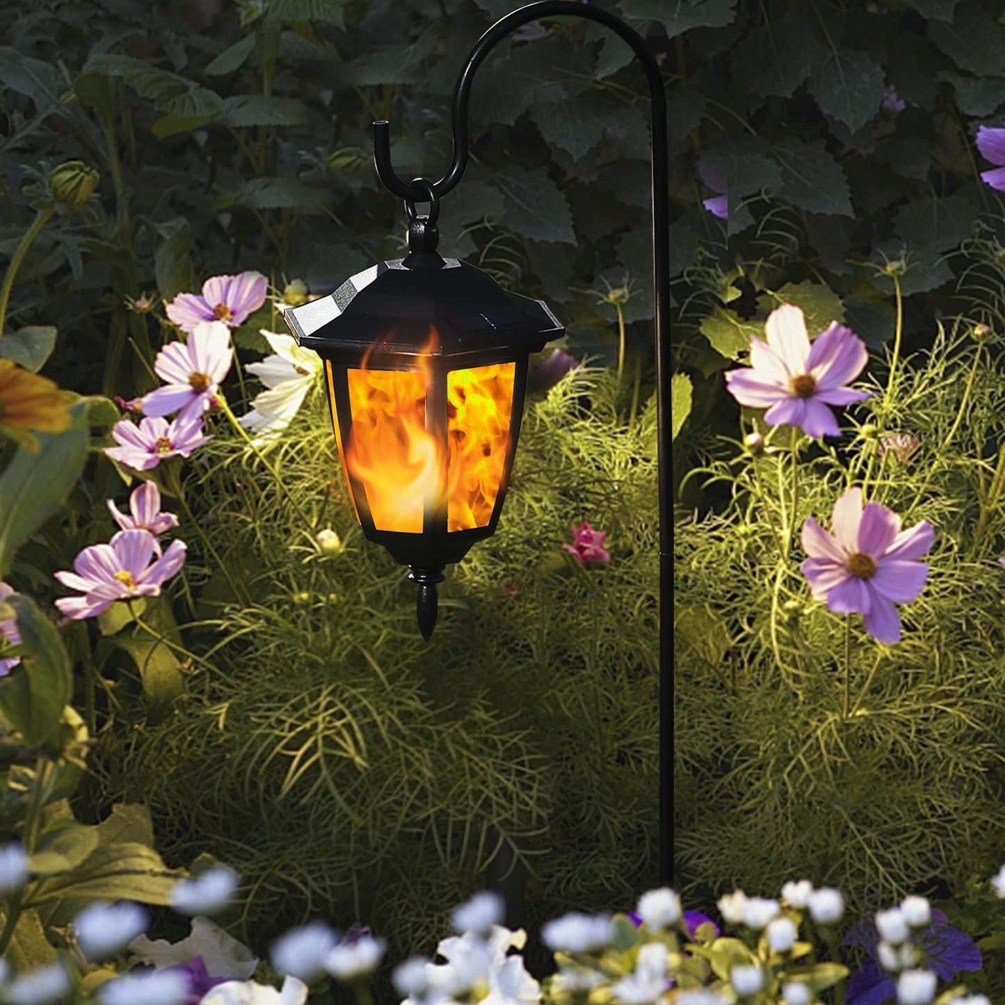 Dynaming 2 Pack Solar Flame Hanging Lights Outdoor, Halloween Solar Flickering Flame LED Garden Lanterns with 2 x 38 Inch Shepherd Hooks, Christmas Lighting for Lawn Patio Yard Pathway Driveway