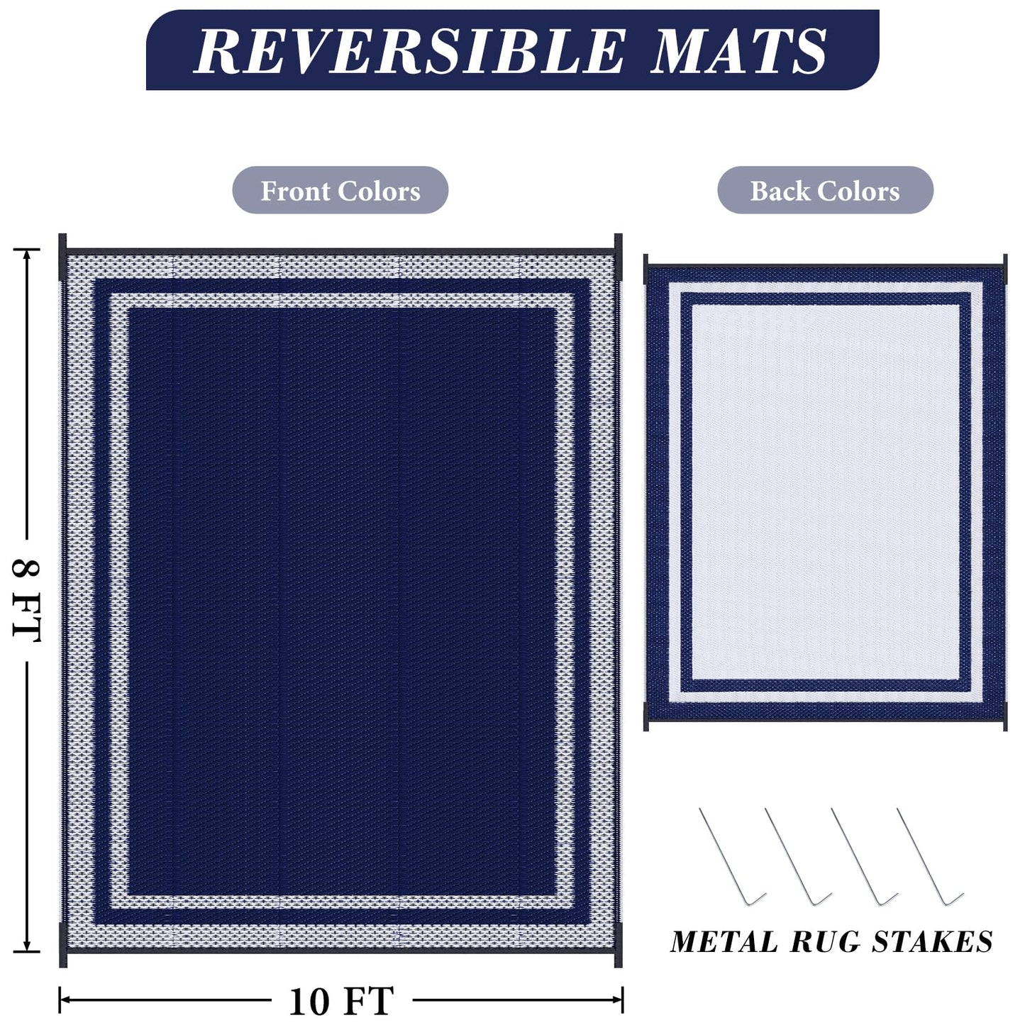 KMAT Outdoor Rug, Waterproof Reversible Patio Rugs, 8x10ft Large Outdoor Area Rug Foldable Plastic Camping Rugs for Outside RV, Patio,Picnic,Camper,Balcony,Porch (Blue &White)