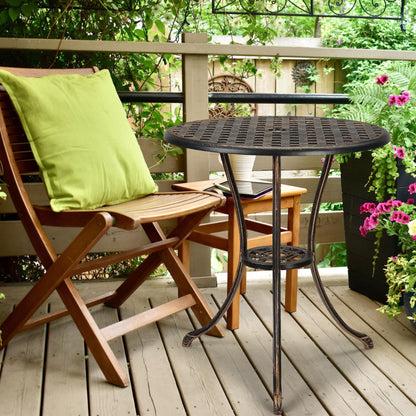 GarveeHome Patio Bistro Table, 24" Round Outdoor Coffee Table with 2" Umbrella Hole, Outdoor Cast Aluminum Bistro Table Side Table with Iron Frame for Balcony Backyard Lawn and Garden, Rustic Brown
