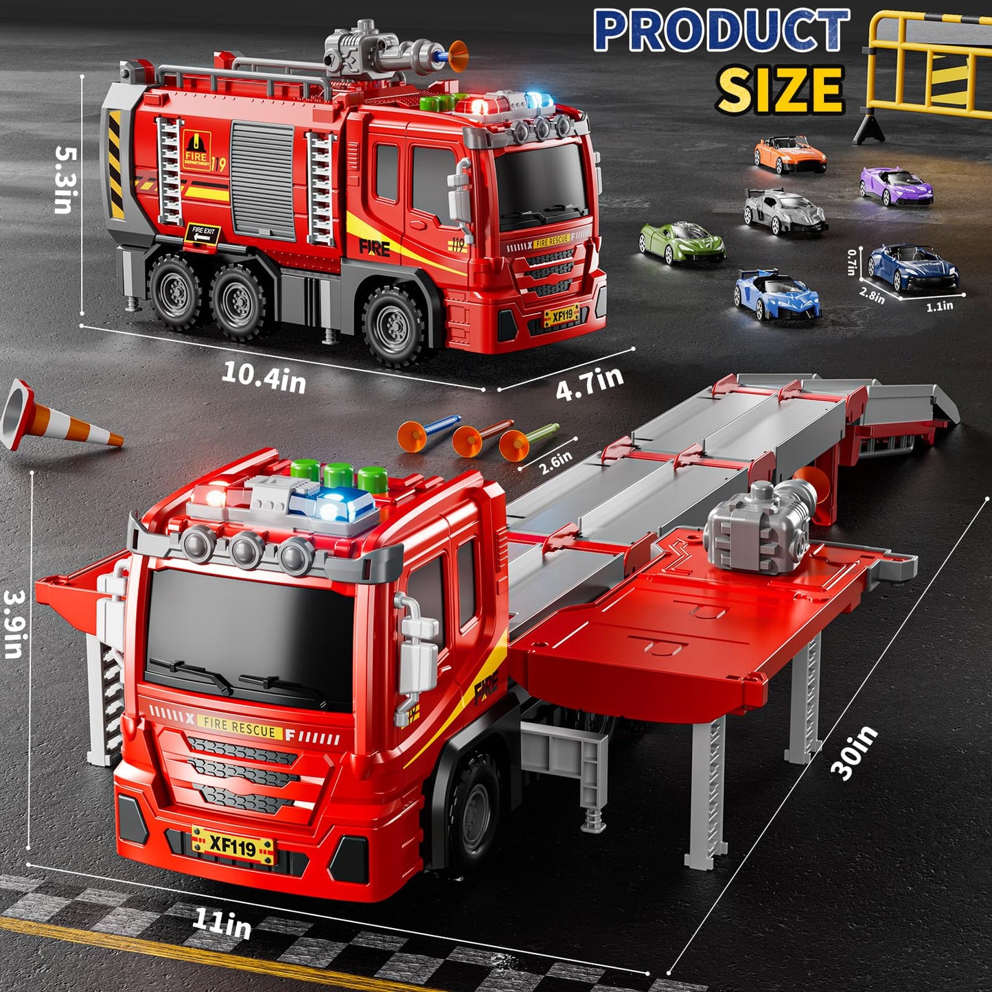 DULONIME Fire Trucks for Toddlers 1-3, Firetruck Toys for Toddlers 1-3 3-5, Folded Carrier Truck Race Track with 6 Racing Car Toys, Light Sound, Birthdays for Kids Girls Aged 3-9