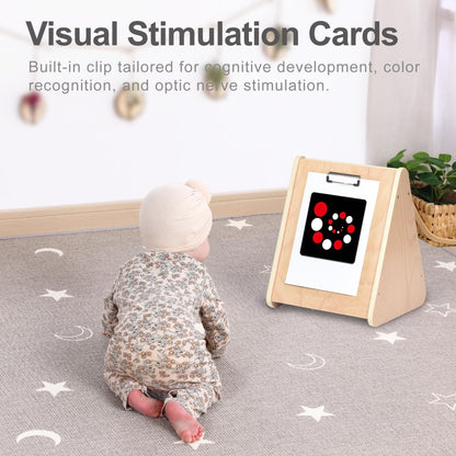 KRAND Baby Double-Sided Tummy Time Mirror w/ 2 Package High Contrast Visual Stimulation Cards, Sensory Activity Montessori Toys for 6 Months+ Boys Girls