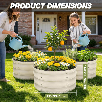 SHALL 8PC Galvanized Raised Garden Bed Kit, 3Pc 2x2x1ft Round Planter Boxes Outdoor W/Mini Seed Spreader, Disk Seeder, 2X Seeding Transplanters, Protective Gloves for Flowers Fruits Vegetables Herbs