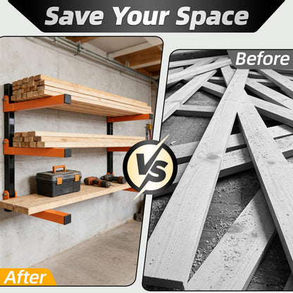 Dometrix Lumber Storage Rack Wall Mounted 2 Pack, Wood Organizer with 3-Level Holds Up to 660LBS, Heavy Duty Folding Metal Garage Organizer for Indoor and Outdoor, Orange