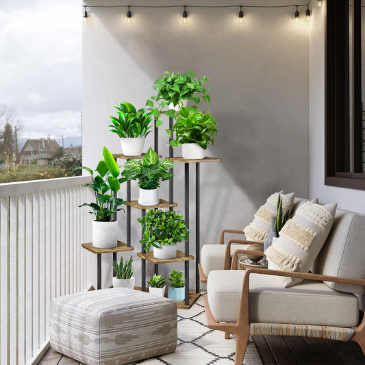 YOCOMEY 7 Tier Plant Stand Indoor, Thickened Metal Wood Corner Plant Shelf Stands for Multiple Plants, Indoor Tall Plants Stand Tiered Flower Holder for Living Room Patio Garden Balcony(Black+Brown)
