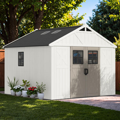 Greesum 10×10FT Plastic Outdoor Storage Shed with Floor and Lockable Door, Resin Sheds with Windows and Skylights, Organization for Garden, Lawn, Backyard, Beige