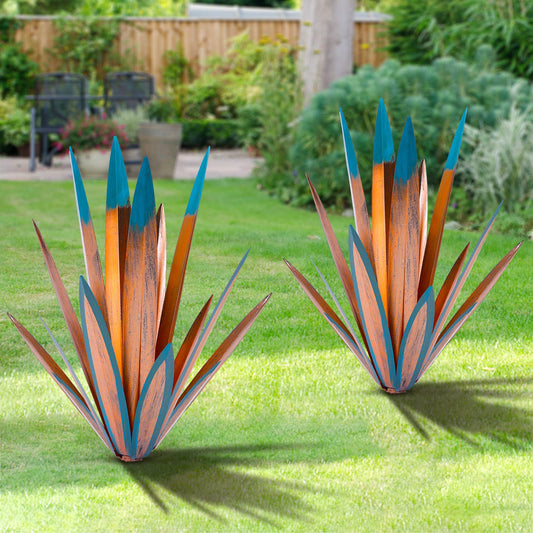 TOMBABY Large Leaf Thickened Metal Agave Plant Outdoor Decoration Desert Courtyard Art Plant Garden Decoration Outdoor Metal Art Floral Gift for Yard (2, Blue)