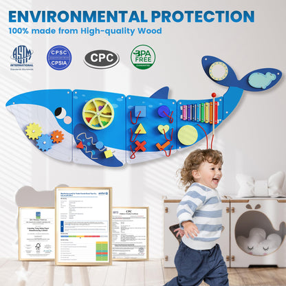 BlueWood Wooden Wall Busy Board Panels, Toddler Learning Activity Center, Montessori Philosophy Sensory, Educational Toys, Conducive to All-Round Development - Whale