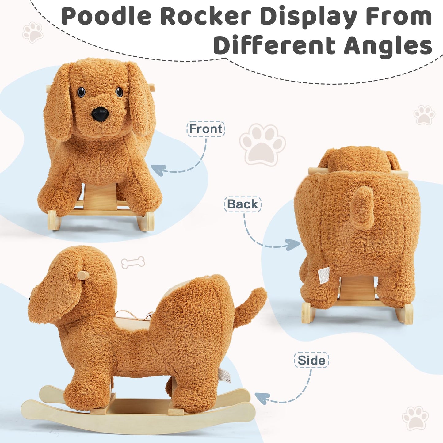 Baby Rocking Horse,Poodle Wooden Rocking Horse for Toddlers 1 Year Old Cute Dog Stuffed Plush Ride-on Toy Rocking Animal for Baby Boys and Girls Nursery/Child Christmas or Birthday Gift