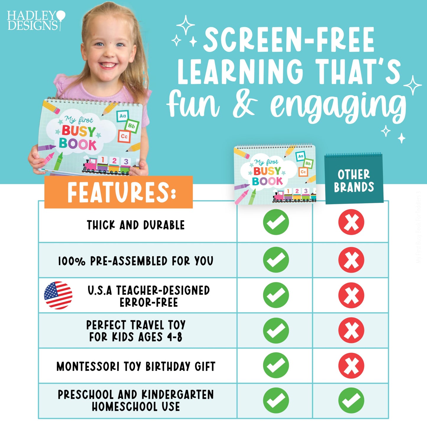 Hadley Designs My First Busy Book Toddlers 3-5, Montessori Preschool Learning Activities Age 4-5, 174 Pcs Velcro Busy Book, Travel Toys Airplane Car Quiet Time, Sensory Toys, Pre K Graduation Gifts