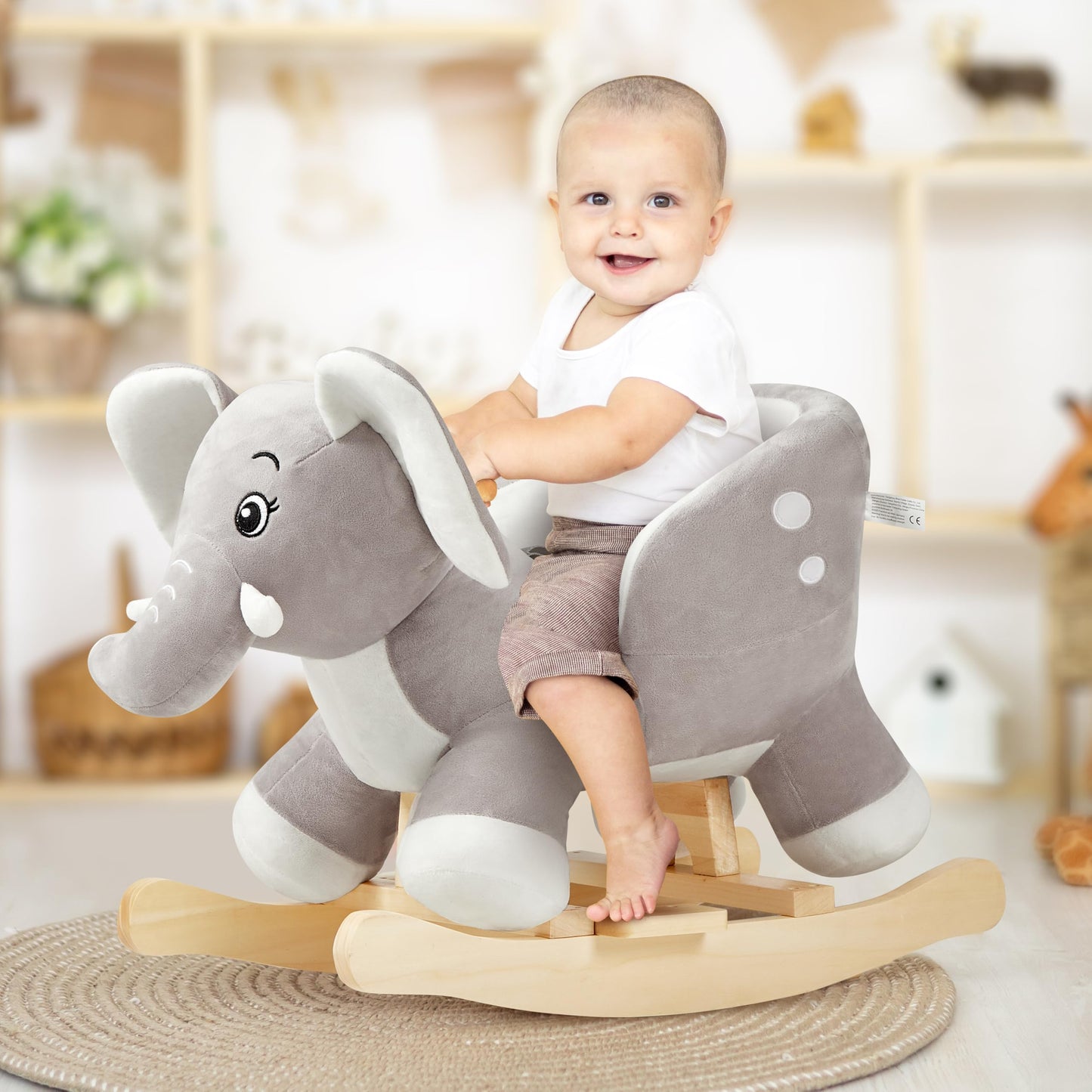 FUNLIO Elephant Baby Rocking Horse for Toddlers 6 Months to 3 Years, Cute & Graceful Grey Elephant Rocker for Baby Girl, Stuffed Plush Ride-on Rocking Animal, Easy to Assemble, CPC & CE Certified