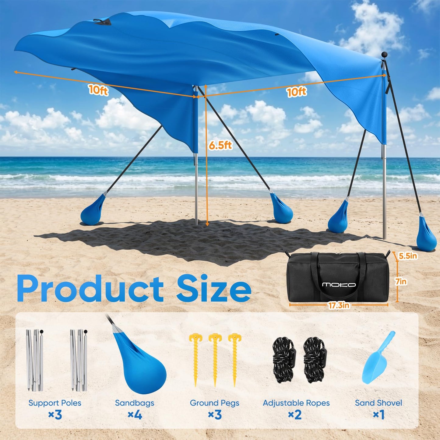 MoKo Beach Shade Canopy, 100 Sq.Ft. Wind-Supported Sunshade Sail for 4-6 People, Lightweight Easy Setup Beach Tent with UPF 50+ Sun Protection for Family Travel Coastal Trips