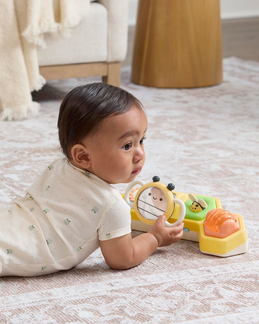 Skip Hop Tummy Time & Seated Play Cause & Effect Developmental Baby Toy with 5 Activities and 2 Ways to Play, Lights, Songs and Sounds, Farmstand See & Bee Steering Wheel, Age 3m+