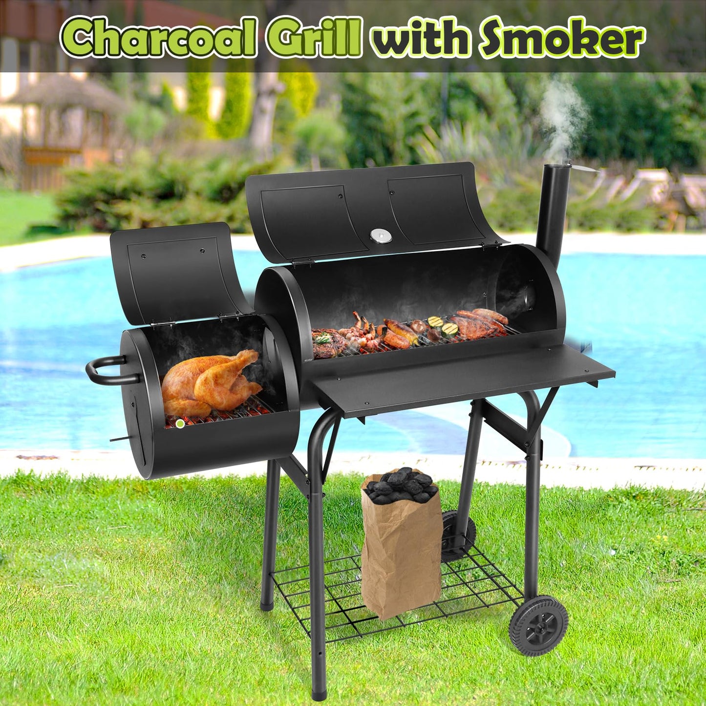 HaSteeL Outdoor Charcoal Grill with Cover, Large Barrel BBQ Grill with Offset Smoker, Great for Camping Patio Backyard Garden Party Picnic Beach, Large 420.SQ.IN Cooking Area, 2 Screwdrivers - Black