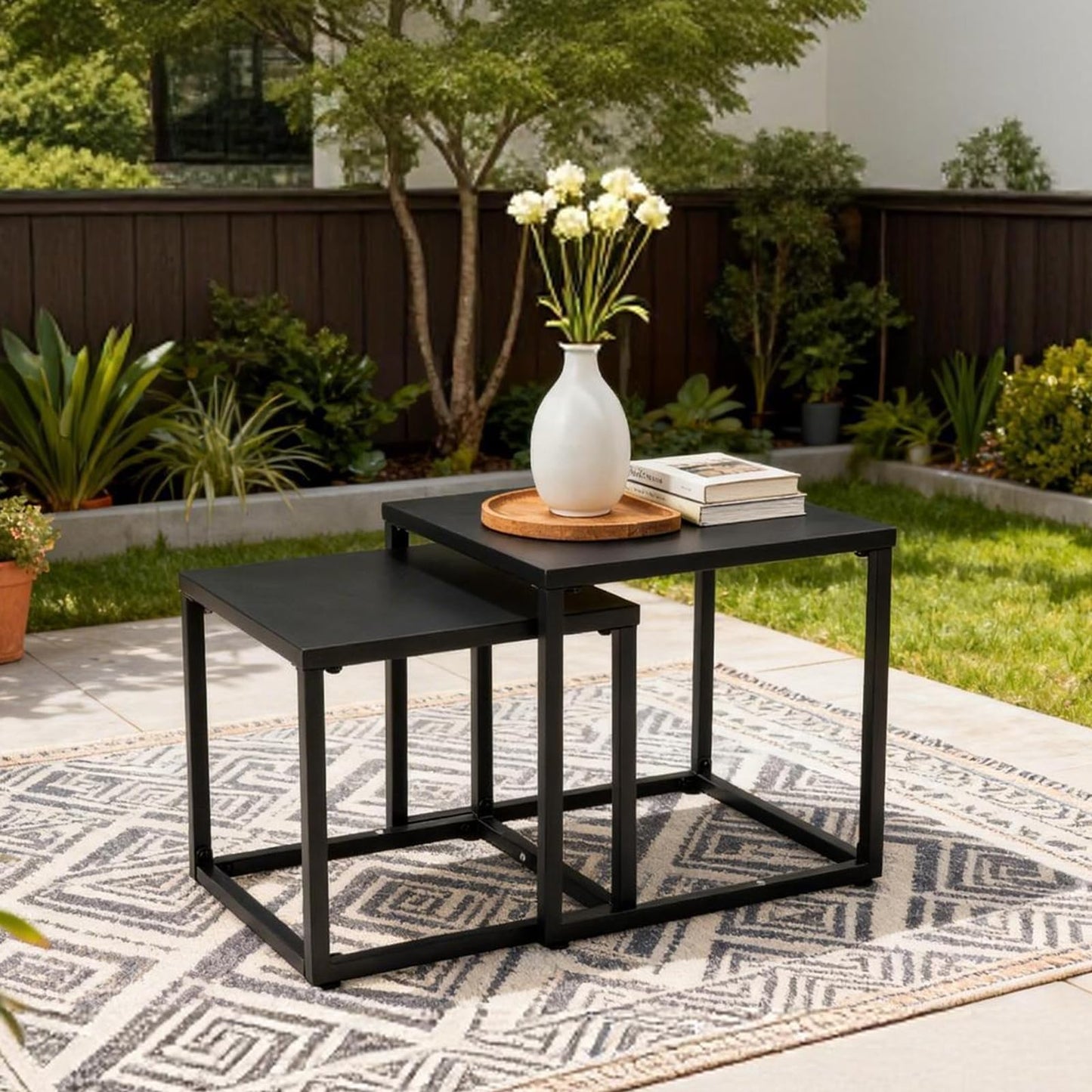 Meluvici Patio Outdoor Coffee Table Set of 2, Weather Resistant Steel Square End Tables, Outdoor Nesting Tables for Patio, Balcony, Bistro and Indoor, Black (Black)