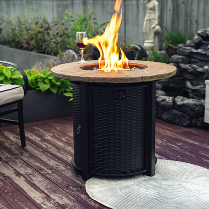 GDFStudio 30" Round Propane Fire Pit Table, 50000 BTU Outdoor Gas Heater with Faux Wood Grain Top & Glass Beads, for Patio Deck Garden Backyard, Black