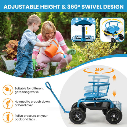 ERGOMASTER Rolling Garden Seat with Wheels, Adjustable 360° Swivel Workseat and Storage Basket, Extendable Handle, Outdoor Gardening Wagon Scooter, Blue