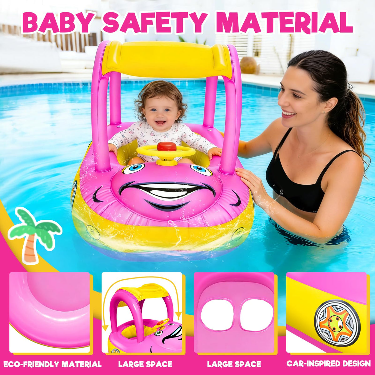 iGeeKid Inflatable Baby Pool Float with Canopy, Safty Seat for Infant Baby Swim Float Rings Car Shaped Swimming Pool Floaties for Babies Toddler Age of 18-36 Months (Pink)